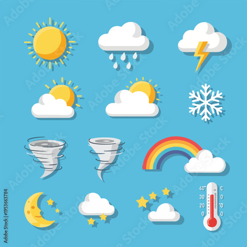 A collection of weather icons including sun, clouds, and temperature scale