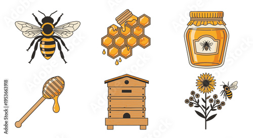 Bee honeycomb and honey jar illustration 1.
