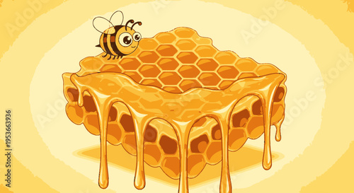 Bee on honeycomb with dripping honey.