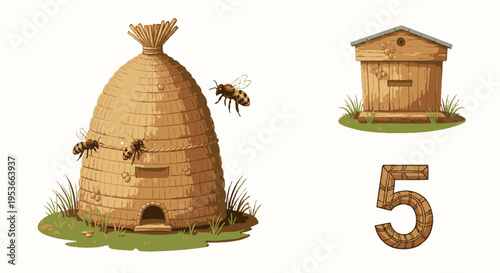 Beehive with bees and a door.