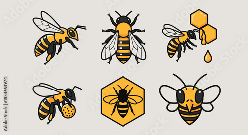 Collection of bees and honeycomb icons.