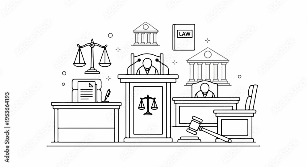 Fototapeta premium Lawyer's office interior with judge gavel scales of justice and legal documents on desk in courtroom setting with law books