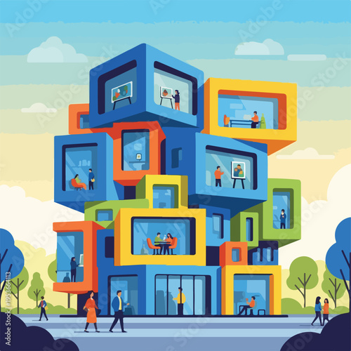 A colorful building with box-like rooms and people inside