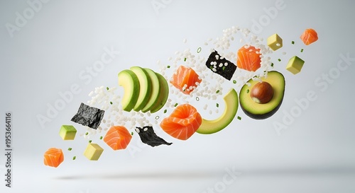 A vibrant and healthy mix of sushi ingredients, including avocado, salmon, and rice, suspended in mid-air.