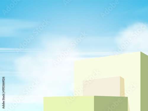 Stand Background on Sky blue in Spring.Soft cloud on gradient clear blue sky with green podium stage for Summer travel.Nature landscape background for Easter sale,Cosmetic