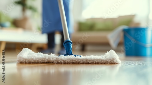 Person mops floor with blue-handled mop