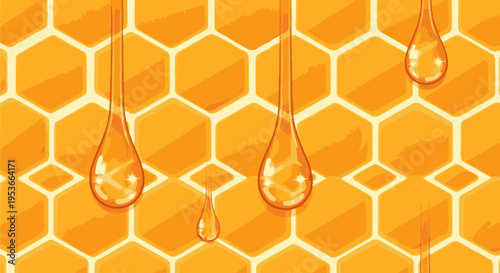 Honey drops on honeycomb pattern.