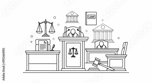 Lawyer's office interior with judge gavel scales of justice and legal documents on desk in courtroom setting with law books