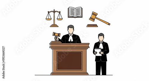Judge and lawyer in courtroom with legal symbols scales of justice gavel and law books on desk
