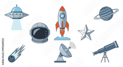 Space objects and astronomy equipment.