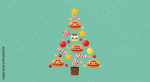 Festive christmas tree made of pizza decorated with ornaments and candy canes on green background