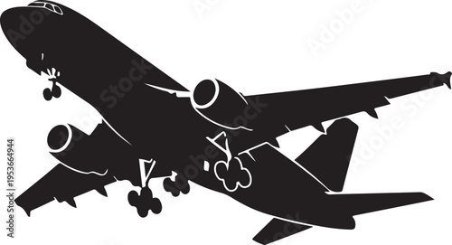 Black airplane vector silhouette, flying plane icon