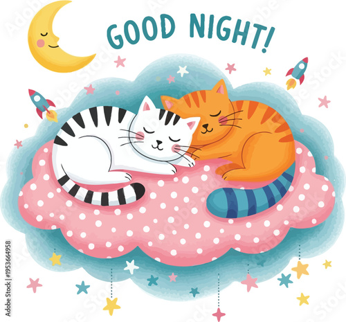 Two cuddly cats sleeping on a cloud with good night wishes