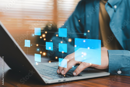 Fotografi Digital data flow and business process concept with person typing on laptop and