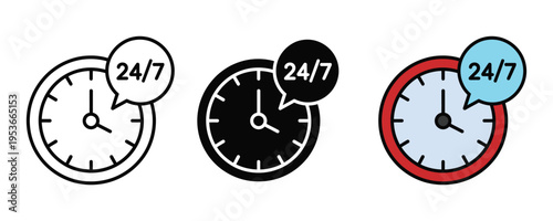 24/7 customer service clock icon set. Round-the-clock support and time management symbols. Vector Illustration.
