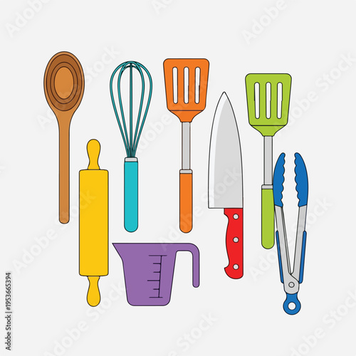 A colorful illustration features various kitchen utensils and tools