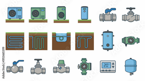 Industrial Equipment Icons Pumps Valves Machines.