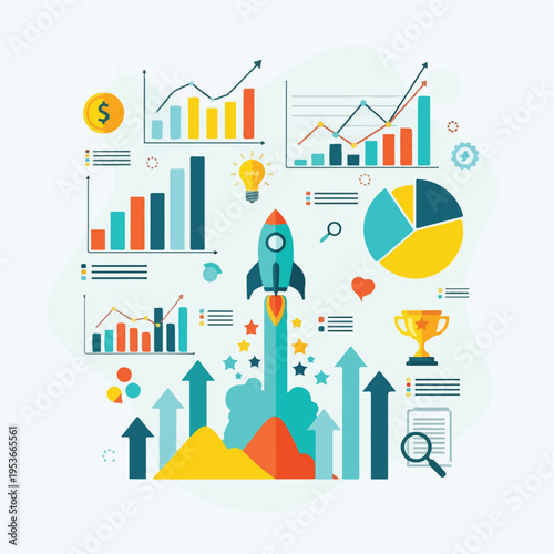 A colorful illustration showing business growth with charts, a rocket, and arrows