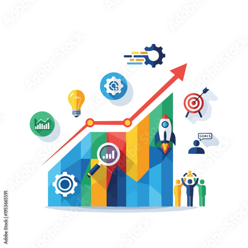 A colorful, illustrative graphic depicting business growth