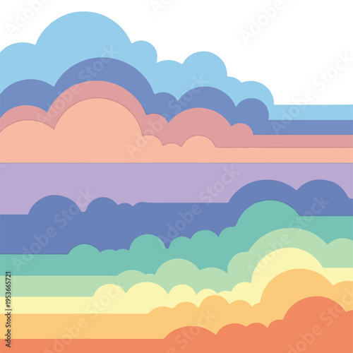 A colorful, layered illustration depicting stylized clouds and a rainbow