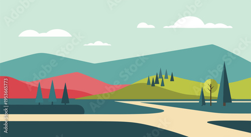 A colorful minimalist landscape with mountains, trees, and sky