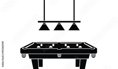 Silhouette of a pool table with a hanging light fixture above it silhouette