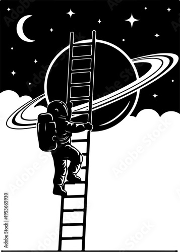 Ladder Leaning Against Planet silhouette vector illustration