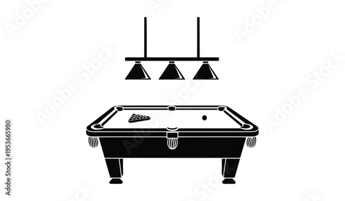 Silhouette of a black pool table with a light fixture silhouette above it