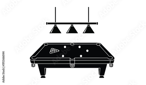 Silhouette of a pool table with a hanging light fixture above it in a black and white graphic illustration silhouette
