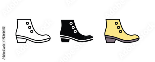 Women's stylish ankle boot icon set. Fashion footwear, leather autumn shoes, and boutique apparel symbols. Vector Illustration.