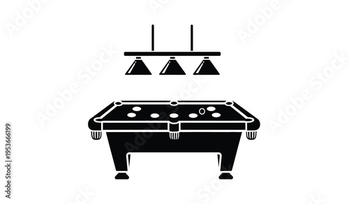 Silhouette of a pool table with billiard balls and a light fixture above it silhouette