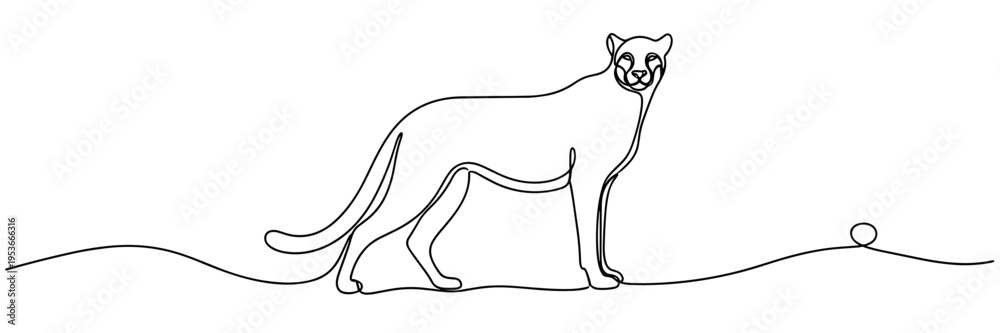 Obraz premium Cheetah walking along minimal line landscape on white background, none editable strokes