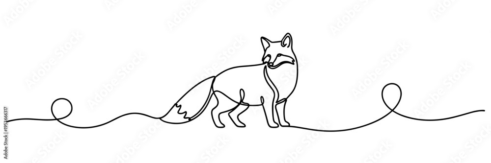 Fototapeta premium Fox standing alert walking across single continuous line, none editable strokes