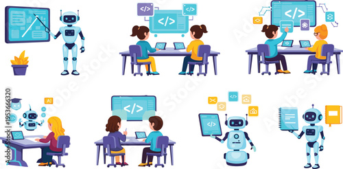 Artificial intelligence robotics coding teamwork concept with developers collaborating on programming, machine learning, automation technology and futuristic AI assistant vector illustration set