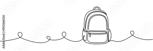 Backpack illustrated with continuous line in horizontal composition, none editable strokes