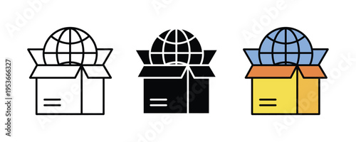 Global shipping and international logistics box icon set. Worldwide delivery, e-commerce distribution, and open package symbols. Vector Illustration.