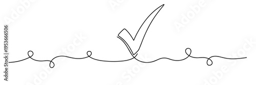 Check mark drawn in continuous line on white background, none editable strokes