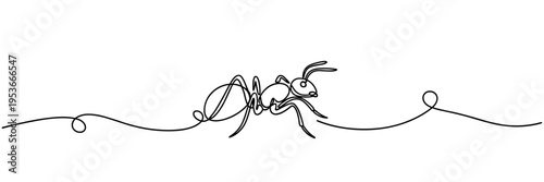 Ant walking across continuous line on minimal white background, none editable strokes