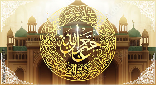 Elegante islamische Kalligrafie von „Muhammad“ vor Moschee-Hintergrund