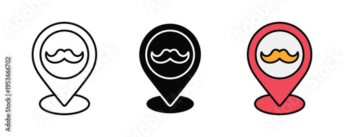 Mustache inside map pointer location icon set. Barber shop find, men's grooming salon, and facial hair styling symbols. Vector Illustration.