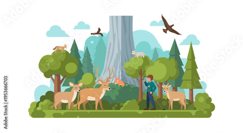 Man standing with deer in forest.