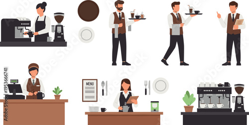 Barista and coffee shop staff set with brewing, serving and cashier scenes, cafe workers collection vector illustration bundle