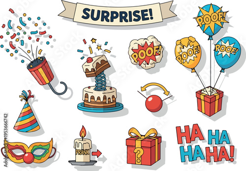 Celebration and party icons with confetti, cake, presents, balloons, poppers, and a masquerade mask