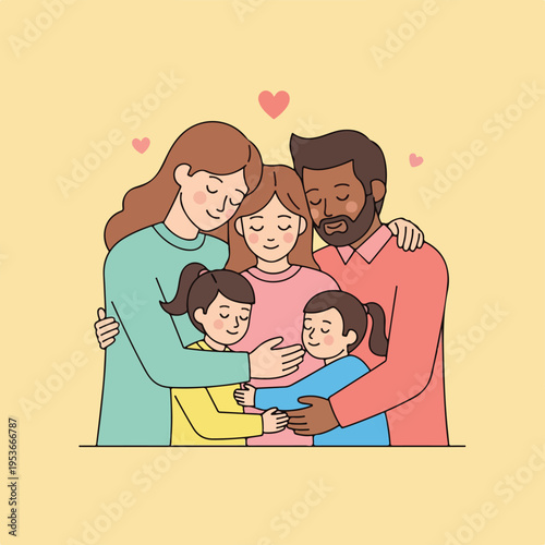 A diverse family of five embracing, with pink hearts and a warm color scheme