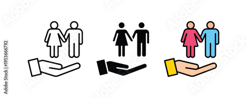 Human hand protecting a man and woman icon set. Life insurance, family care, and social support symbols. Vector Illustration.