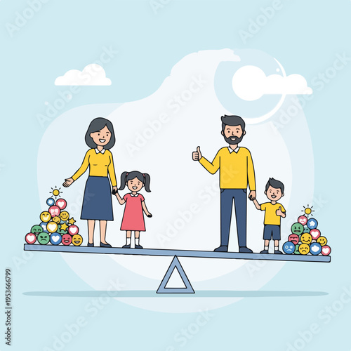 A family on a seesaw with emotion emojis balancing