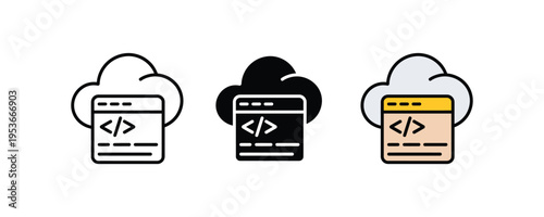 Cloud computing and web development coding icon set. Online software programming and backend script symbols. Vector Illustration.