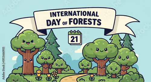 Smiling trees celebrate international day of forests with a banner and calendar on a sunny day