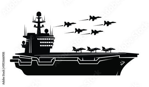 Silhouette of aircraft carrier with fighter jets and helicopters in flight