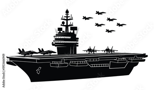 Silhouette of an aircraft carrier with planes taking off military naval vessel silhouette
